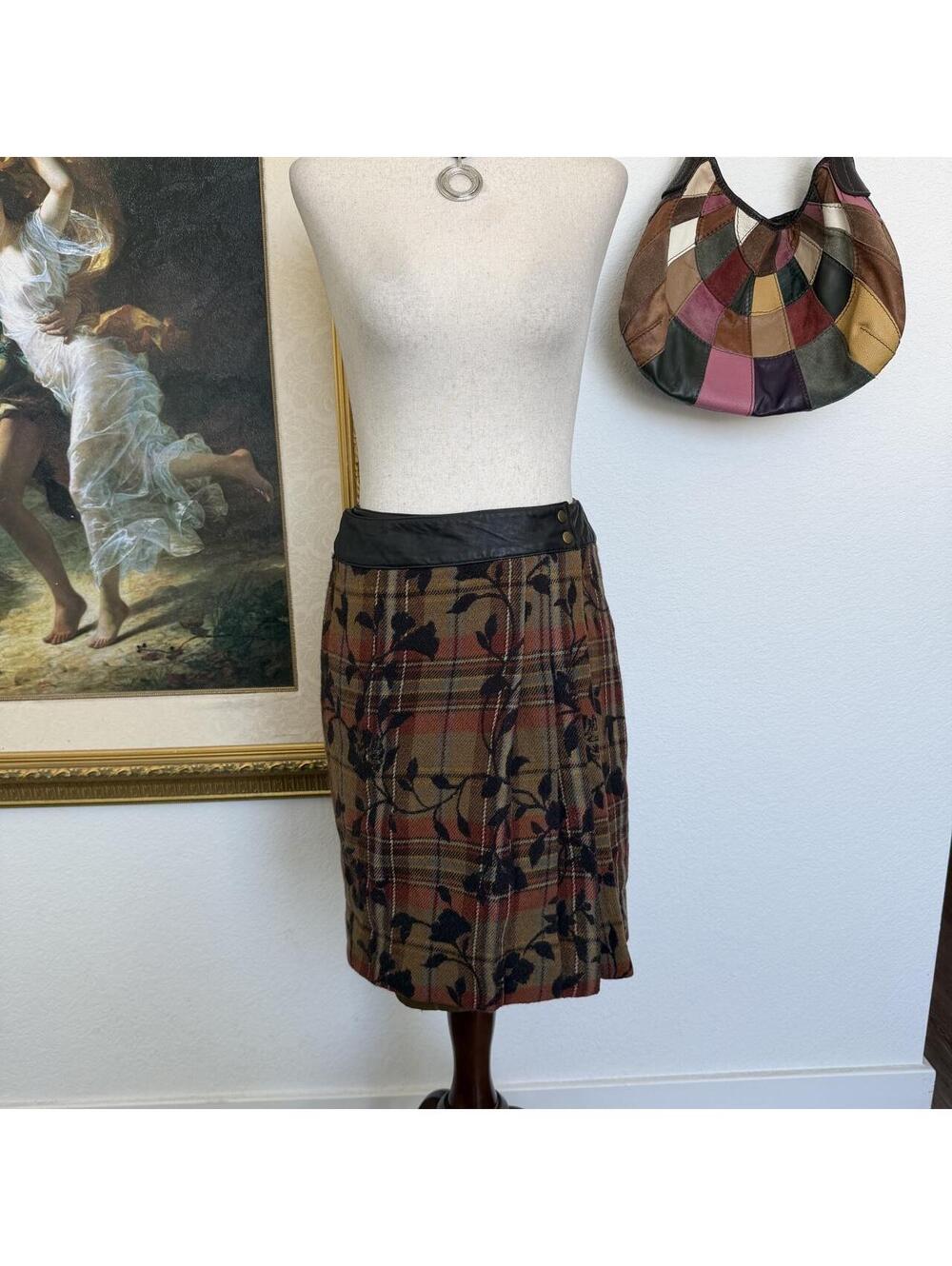 Vintage Boho Autumn Wool Plaid Floral Skirt